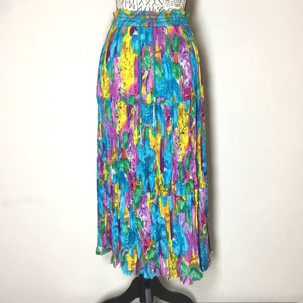 Multicolor bold hippie maxi skirt bell drawstring elastic waist 26”-30” boho S